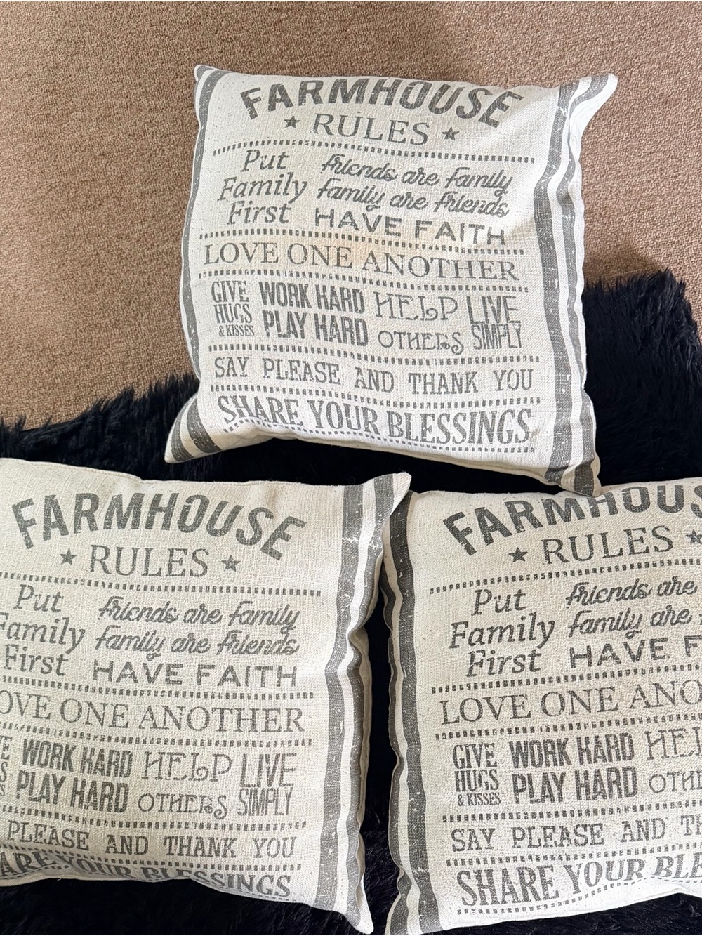 Farmhouse Rules Decorative Throw Pillow - Neutral Beige and Gray